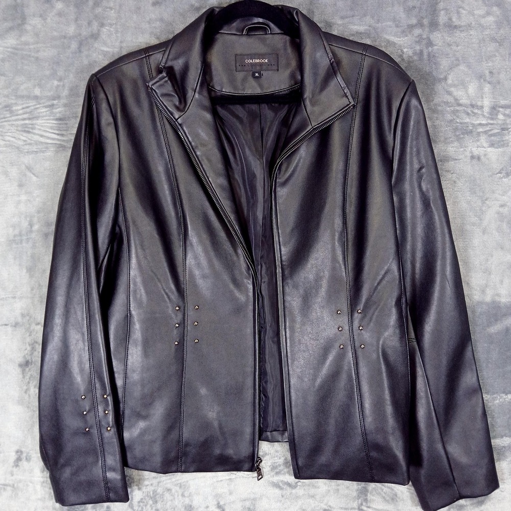 Colebrook Jacket Womens XL Black‎ Faux Leather Zip Front Studded Moto Coat G III
